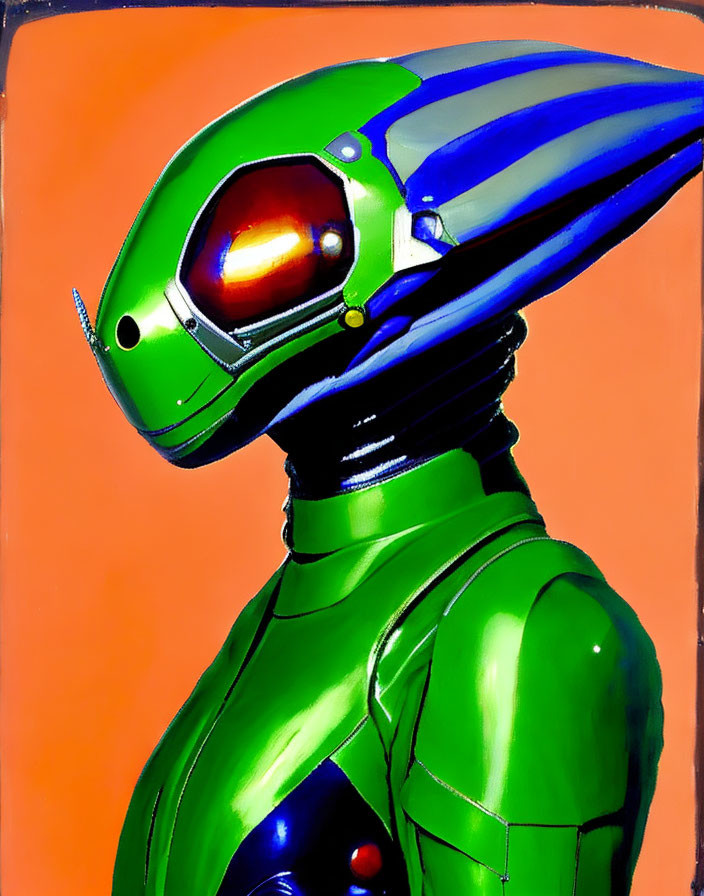 Colorful humanoid figure with green and blue helmet and orange visor