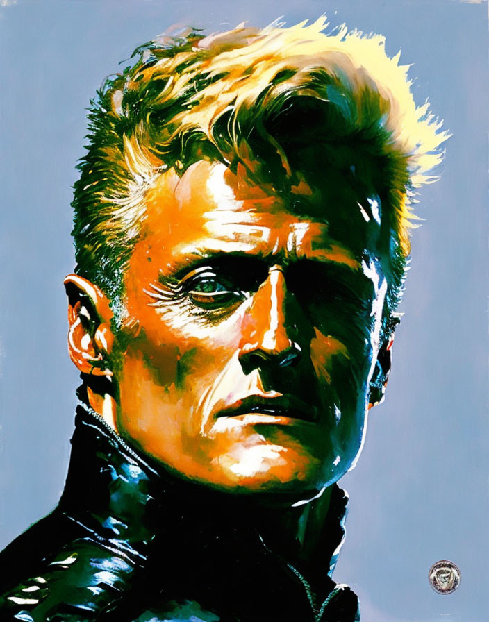 Realistic portrait of blond male with mohawk in black leather outfit