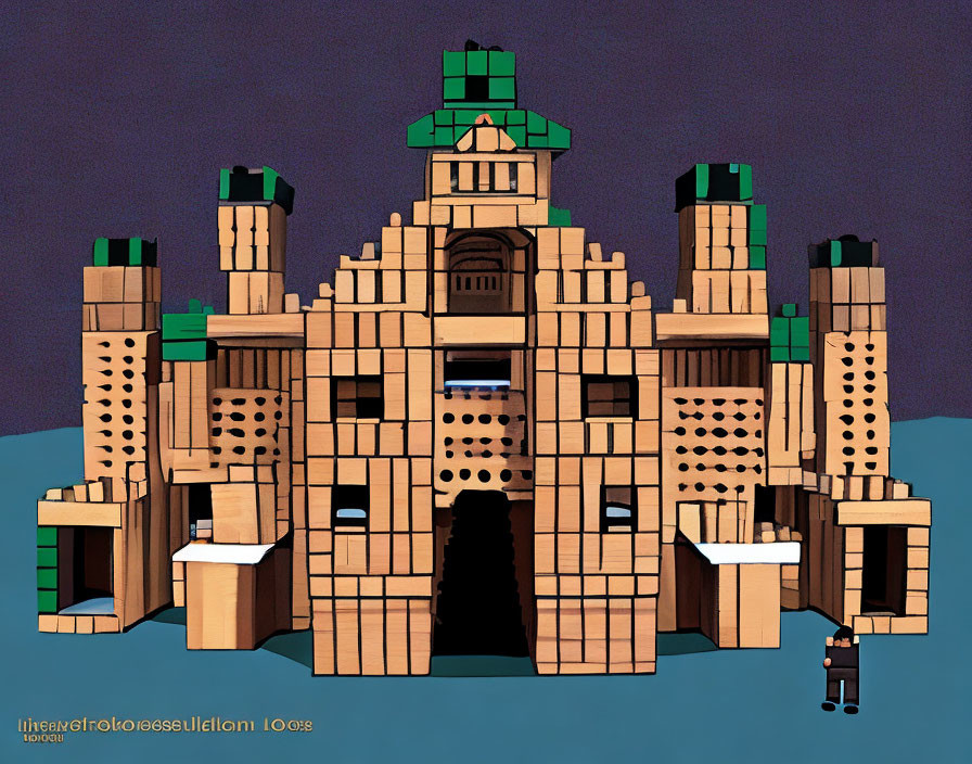 Stylized blocky castle with cylindrical towers and central entrance.