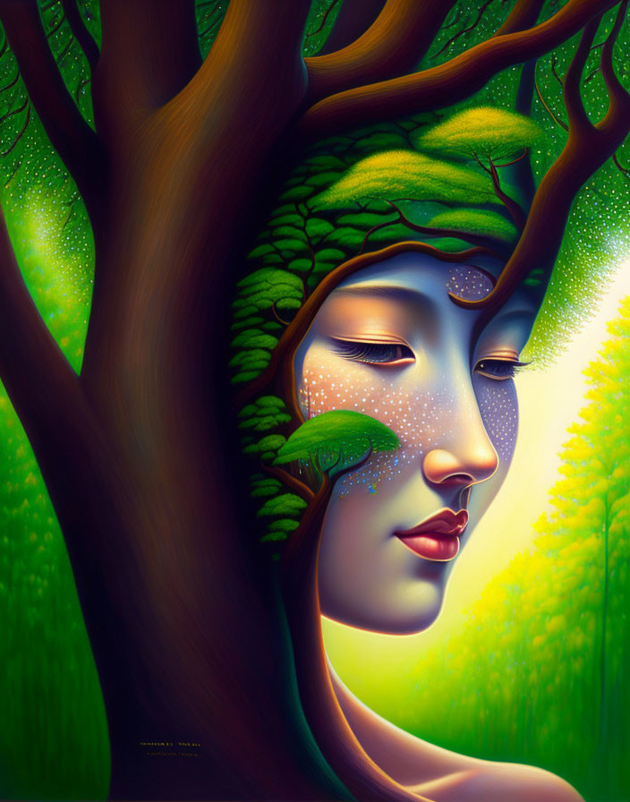 Illustration of woman's face merging with tree, adorned with green leaves and warm glowing light.