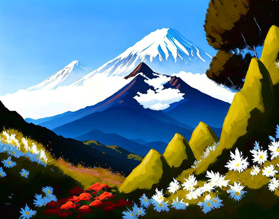 Colorful Mountain Landscape with Mount Fuji, Flowers, and Blue Sky