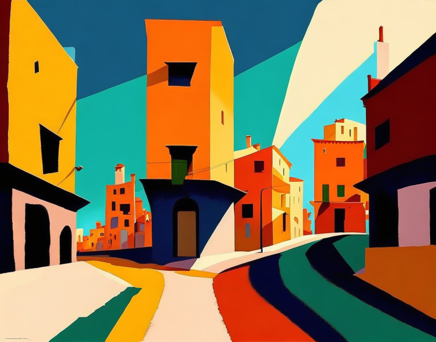 Vibrant abstract urban scene with geometric buildings in orange, yellow, red, and blue hues under