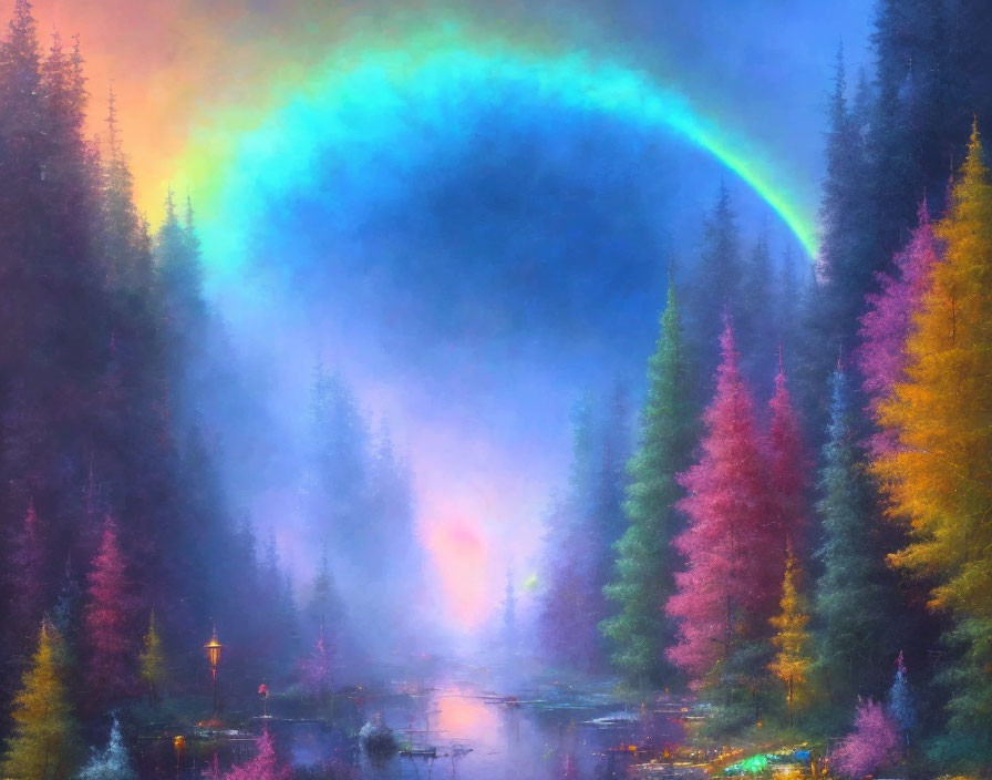 Colorful rainbow over misty forest and river