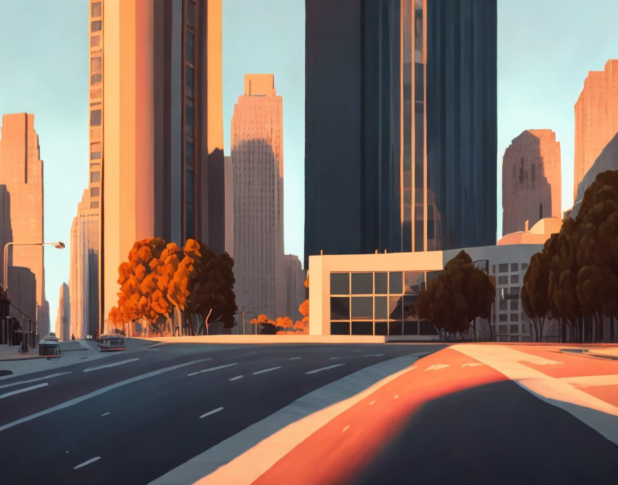 City street illustration: tall buildings, shadows, orange trees, clear sky