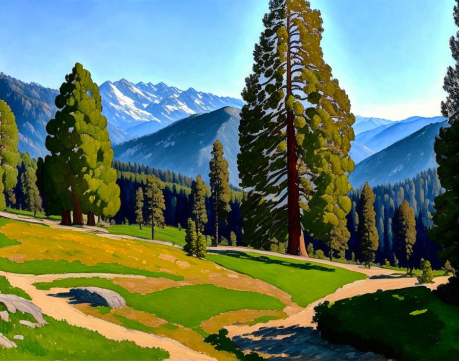 Scenic painting of pine trees, mountains, and stream