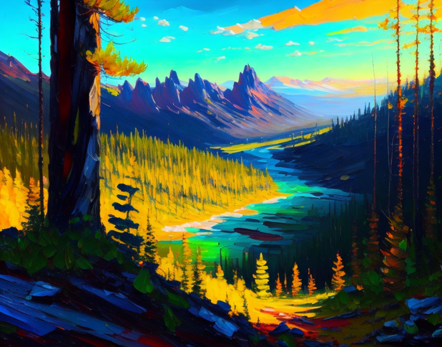 Colorful Mountain Landscape with River and Trees Under Blue Sky