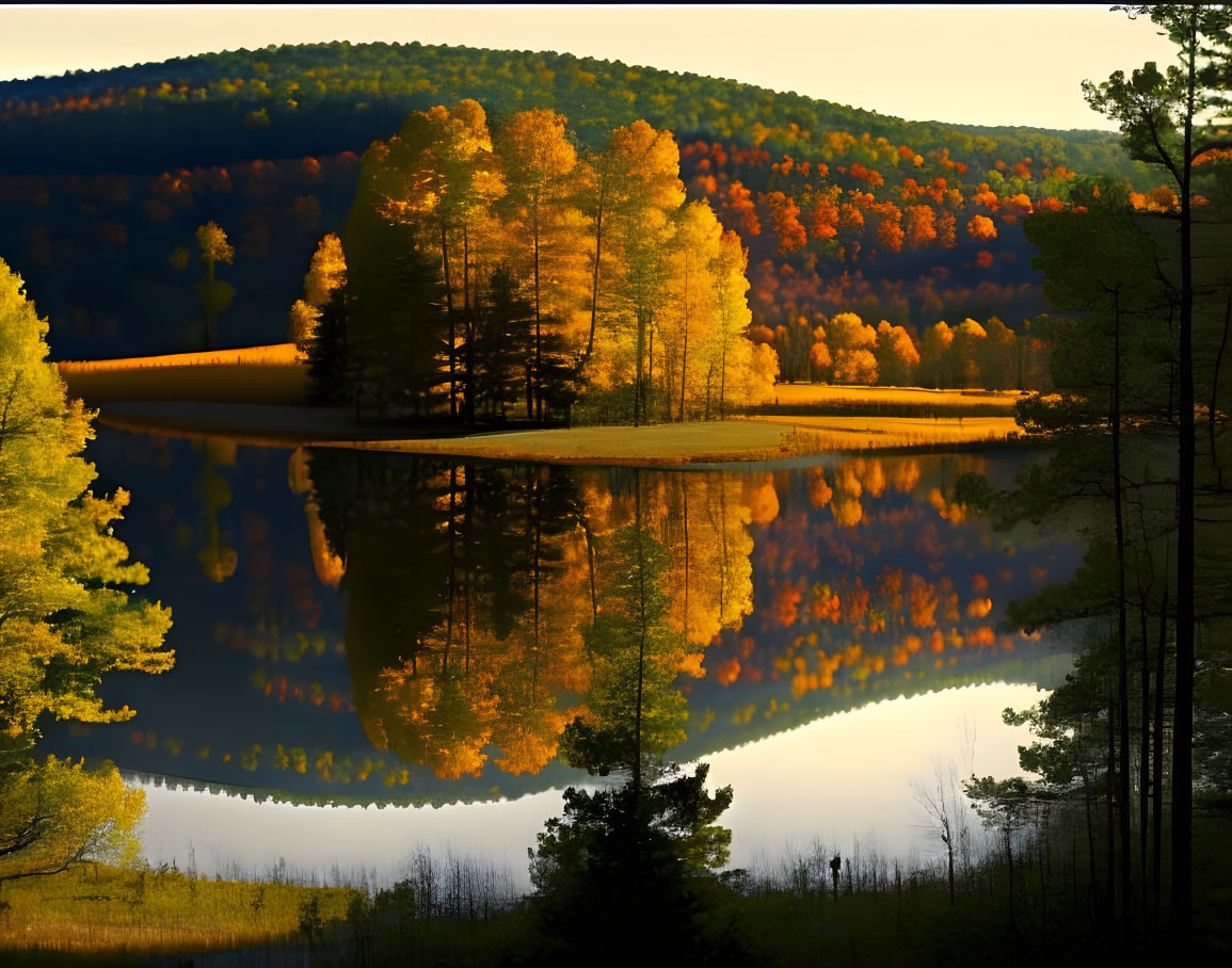 Tranquil sunset scene of autumnal trees reflecting in lake