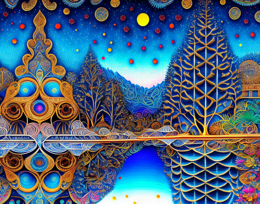 Colorful Digital Artwork: Psychedelic Landscape with Trees and Celestial Reflections