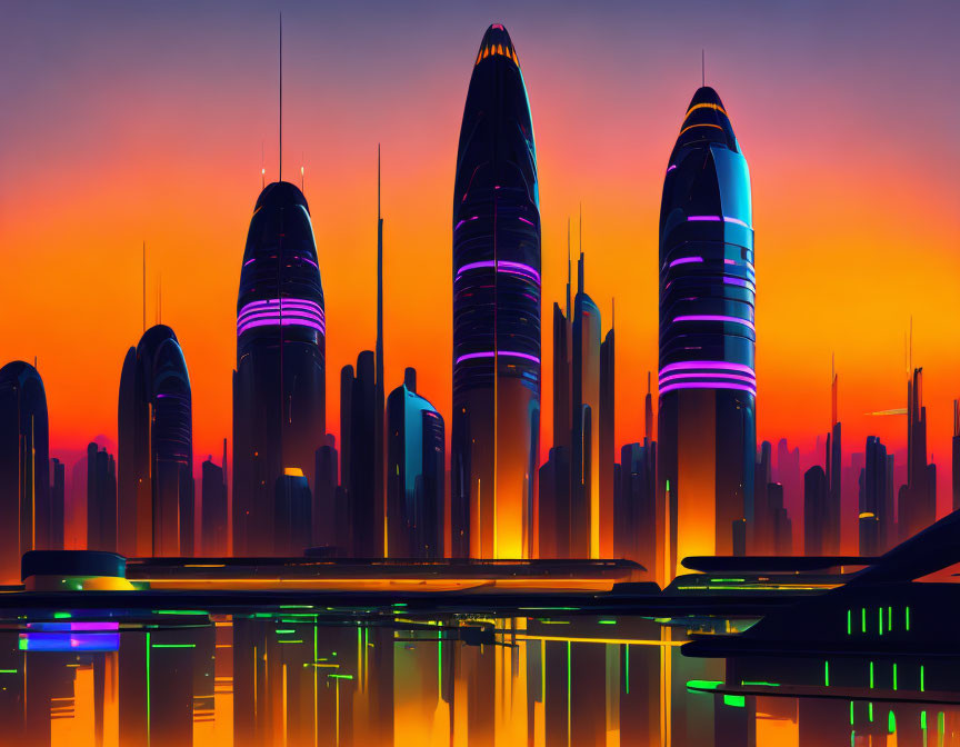 Futuristic city skyline at sunset with neon-lit skyscrapers