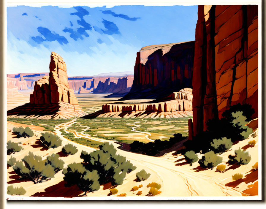 Colorful depiction of Monument Valley rock formations and desert landscape