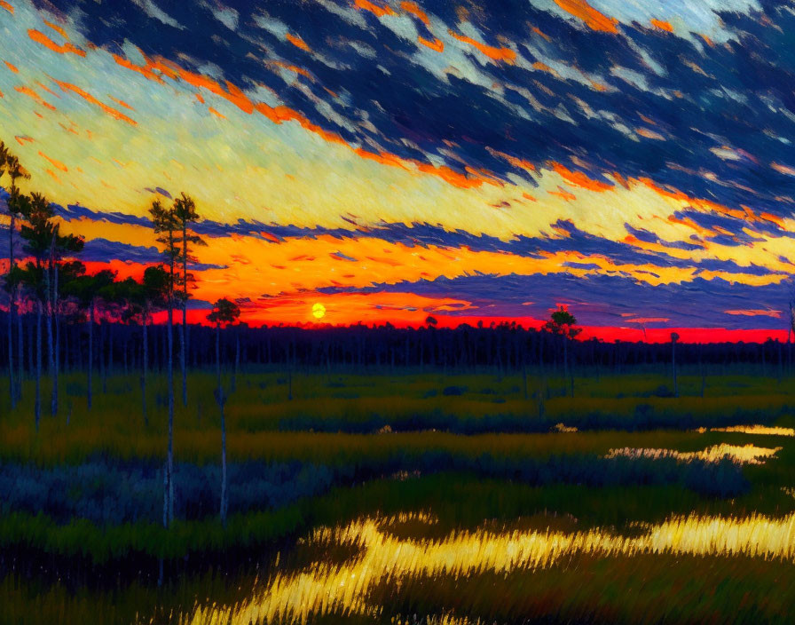 Colorful sunset with orange and blue clouds over forest and water.