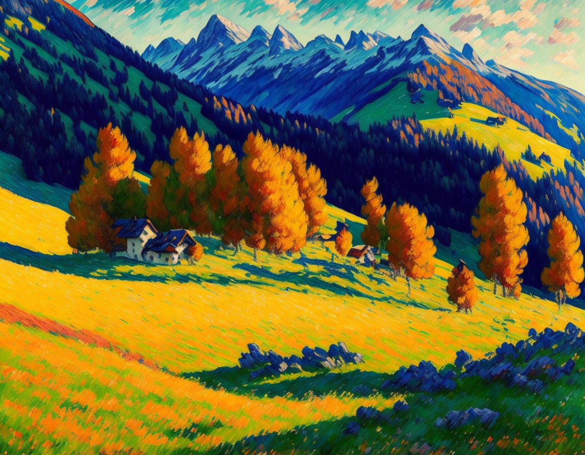 Mountain landscape painting: autumn cabin, golden trees, clear blue sky