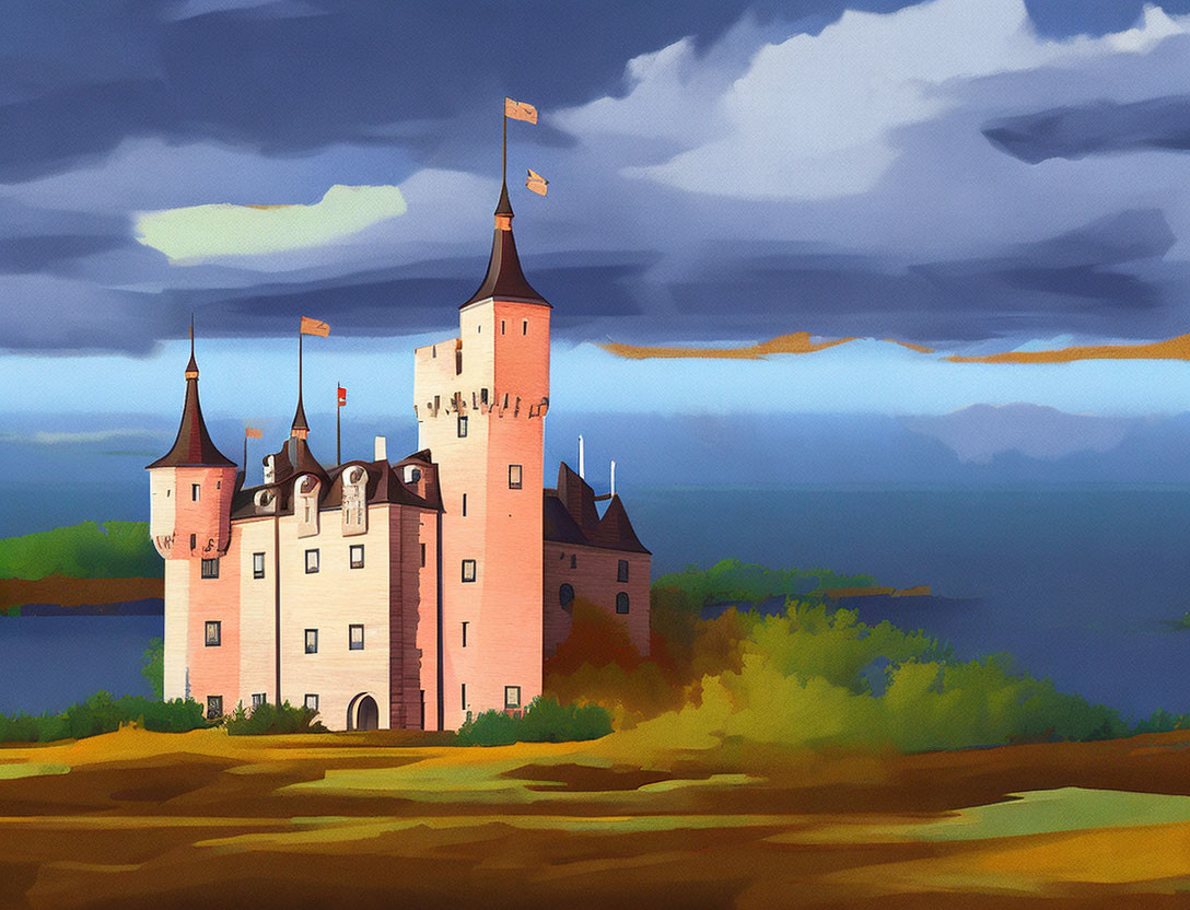 Castle painting with pointed towers and flag by the sea