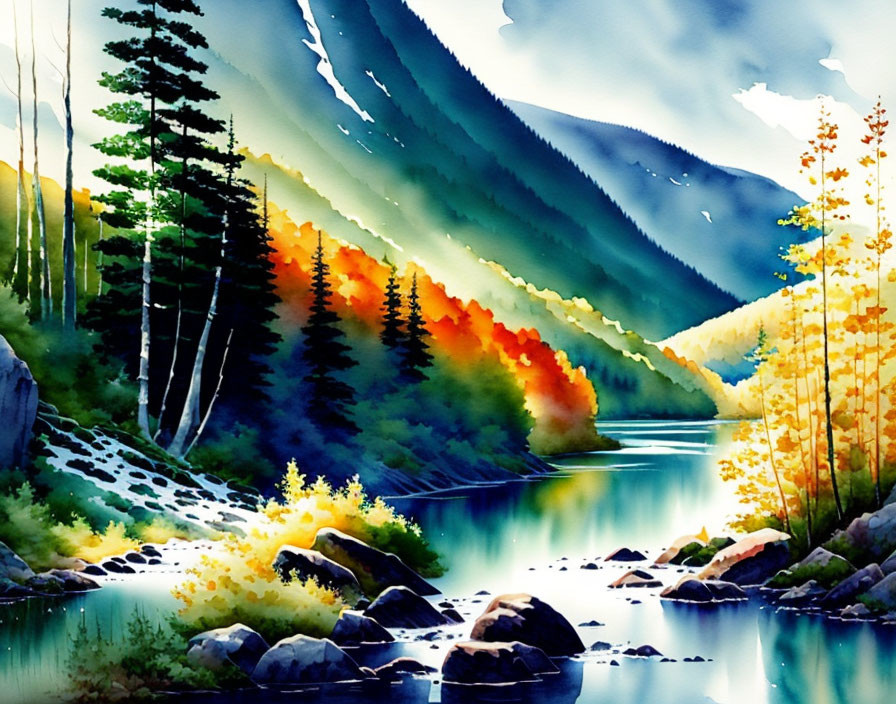 Serene mountainous landscape watercolor painting