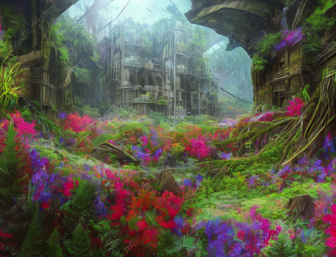 Mystical Overgrown Forest with Vibrant Flowers and Ancient Structures