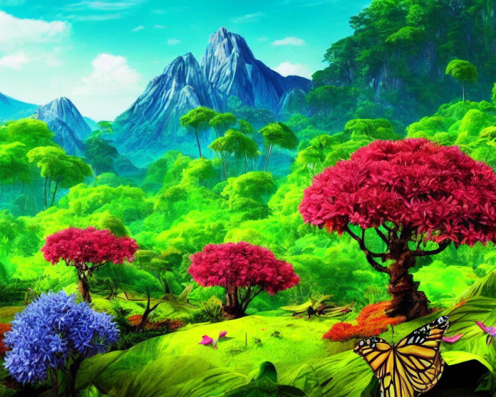 Colorful Foliage and Majestic Mountains with Butterflies in Vibrant Landscape