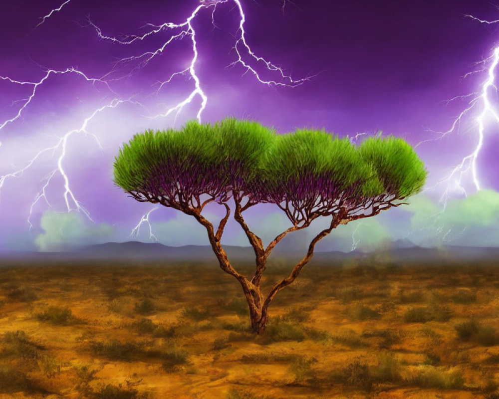 Solitary tree with lush green foliage in barren landscape under dramatic purple sky