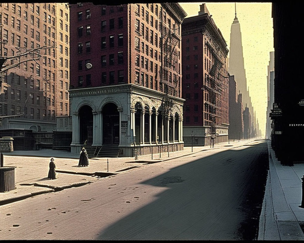 Vintage city street scene with classic architecture and few people on a quiet morning