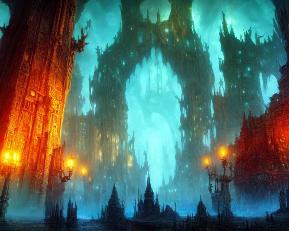 Ethereal fantasy cityscape with towering gothic structures