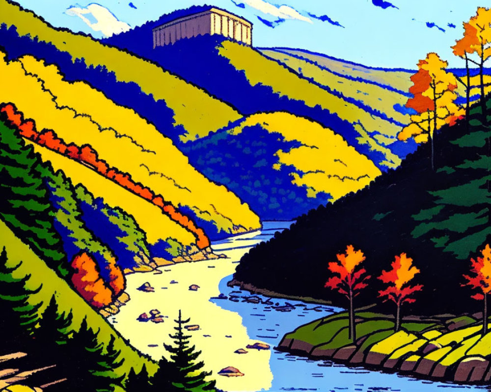 Colorful autumn landscape with river and hills scenery.