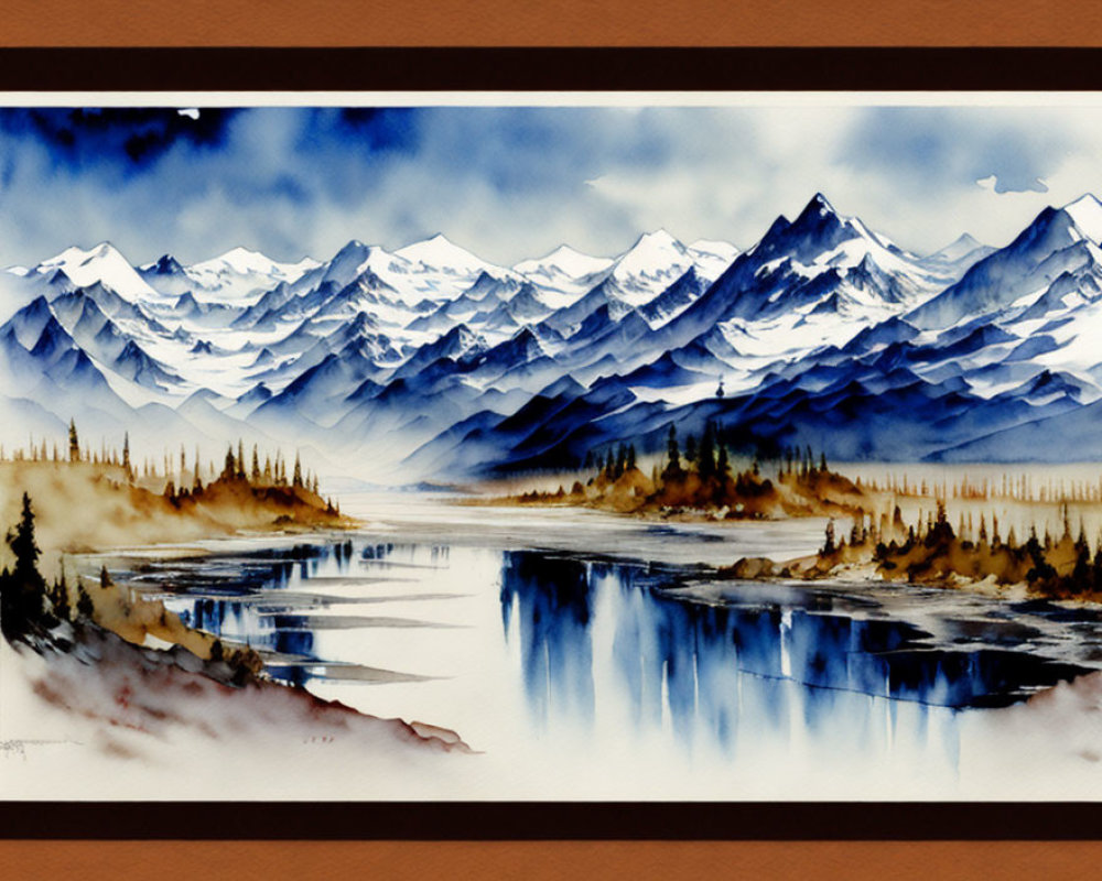 Serene Watercolor Painting of Blue Mountains and River