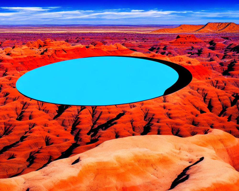 Vibrant red-orange landscape with surreal blue oval shape