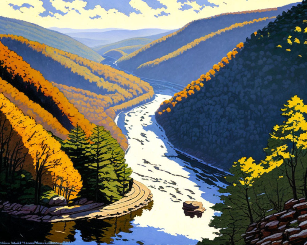 Scenic painting of autumn river in mountain landscape