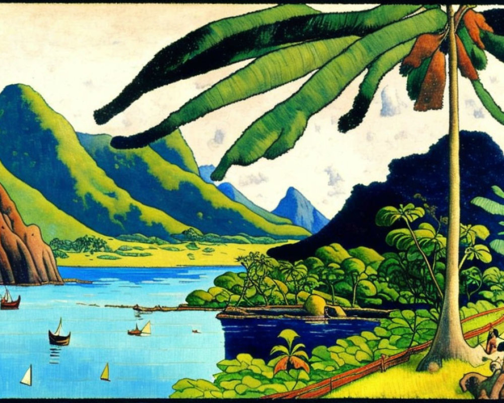 Colorful Tropical Landscape Painting with River, Boats, Greenery, Mountains, and Banana Leaf