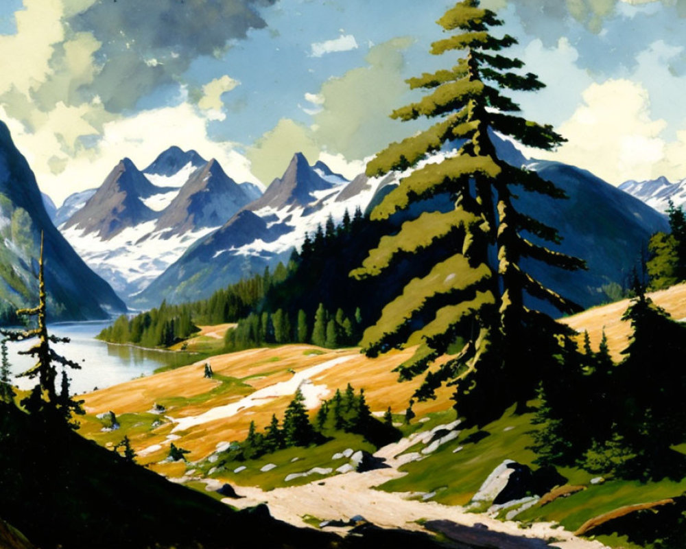 Scenic mountain landscape with lush greenery, pine trees, lake, and snow-capped peaks