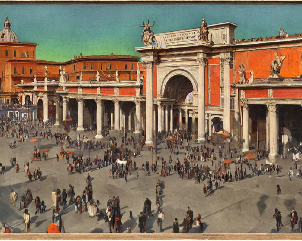 Historical square with arches, statues, and crowds under blue sky