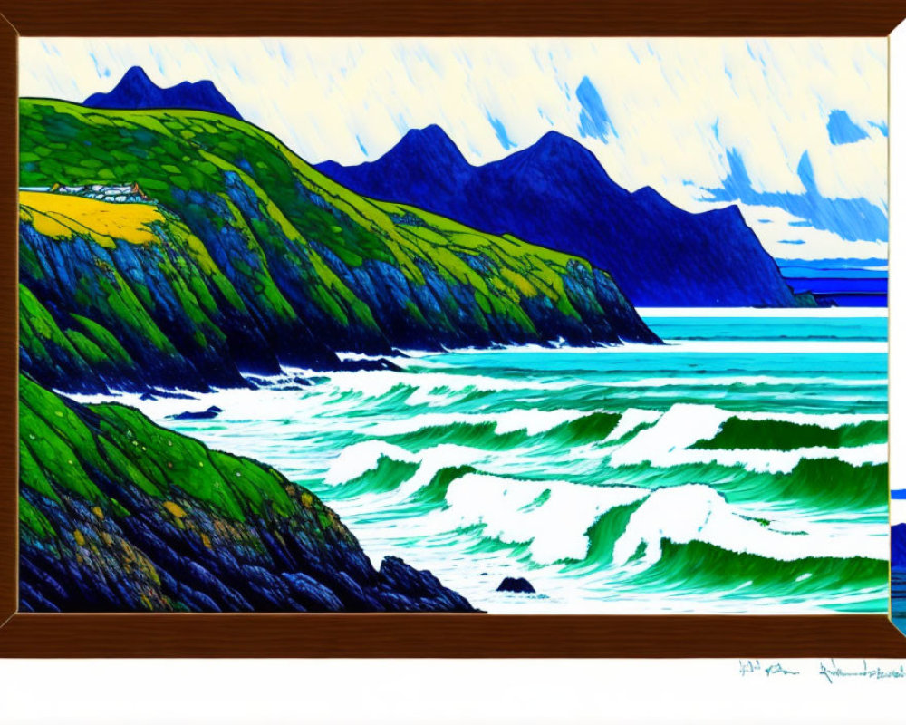 Colorful Coastal Scene Painting with Green Cliffs and Blue Waves