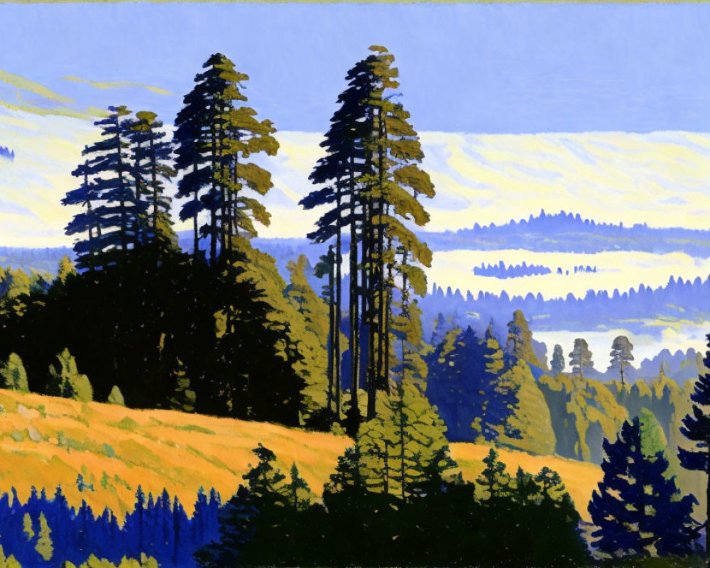 Scenic landscape painting of sunlit coniferous trees on misty hills