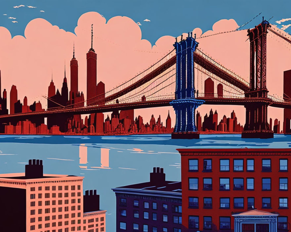 Brooklyn Bridge and NYC skyline in pink and blue palette