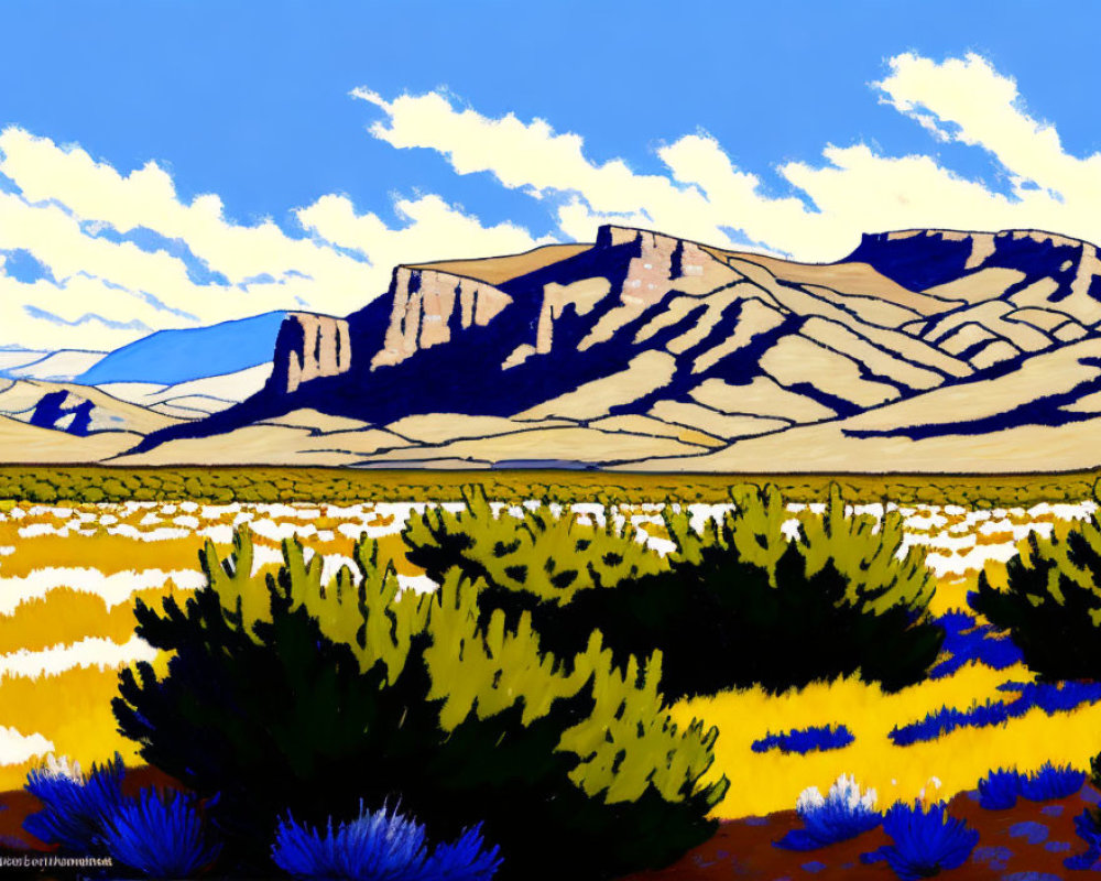 Desert Landscape Illustration with Blue Sky and Flowering Fields