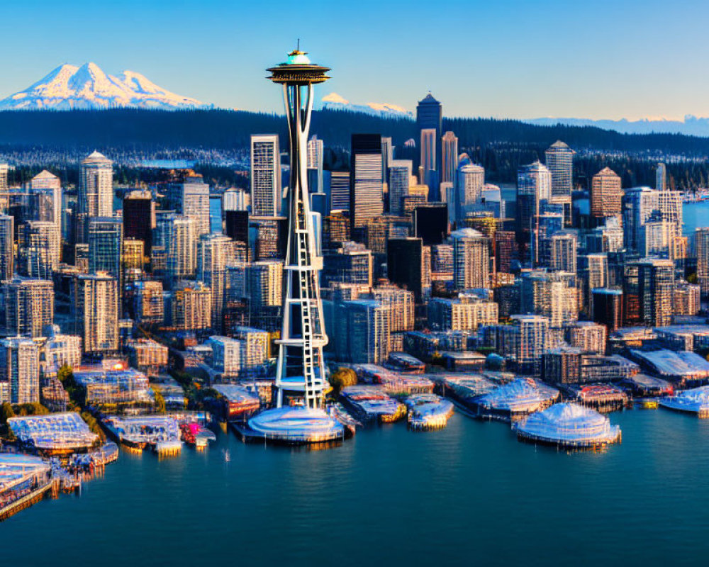 Seattle skyline with Space Needle, high-rises, and Mount Rainier.