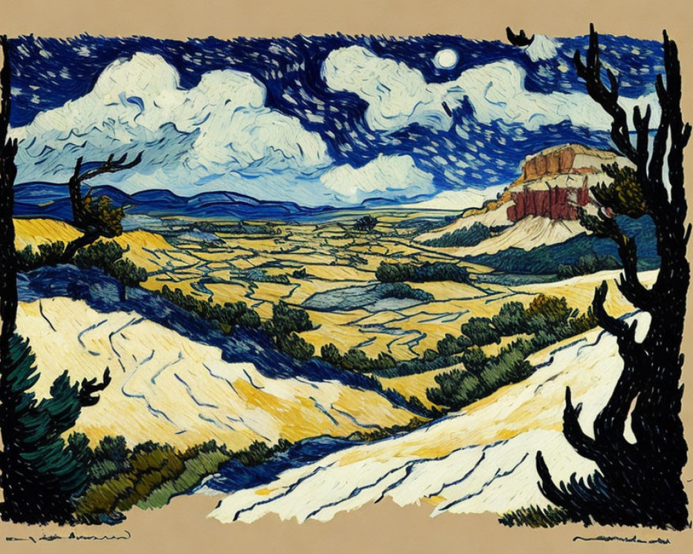 Colorful landscape painting with bold outlines: rolling hills, distant mountain, swirling sky