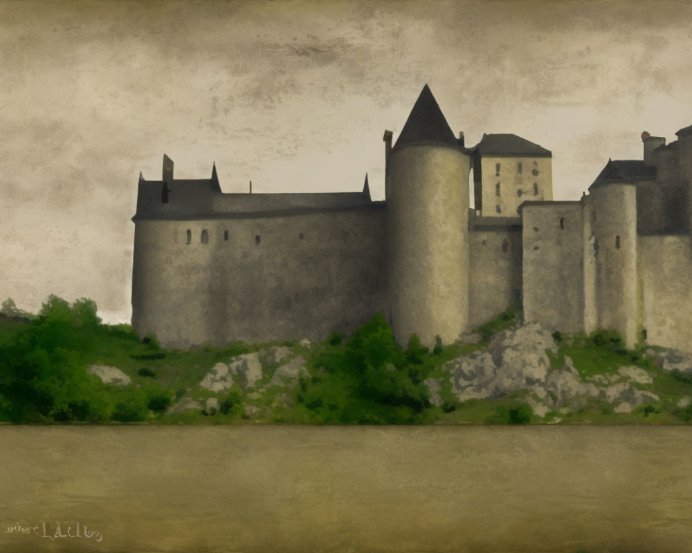 Digital painting of ancient stone castle on rocky hill by calm water