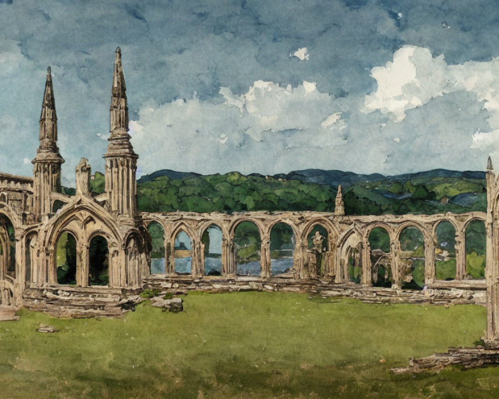 Gothic cathedral ruins in grassy field with arches and spires