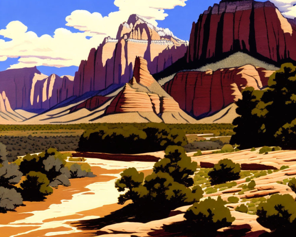 Colorful desert landscape with red rock formations and blue sky