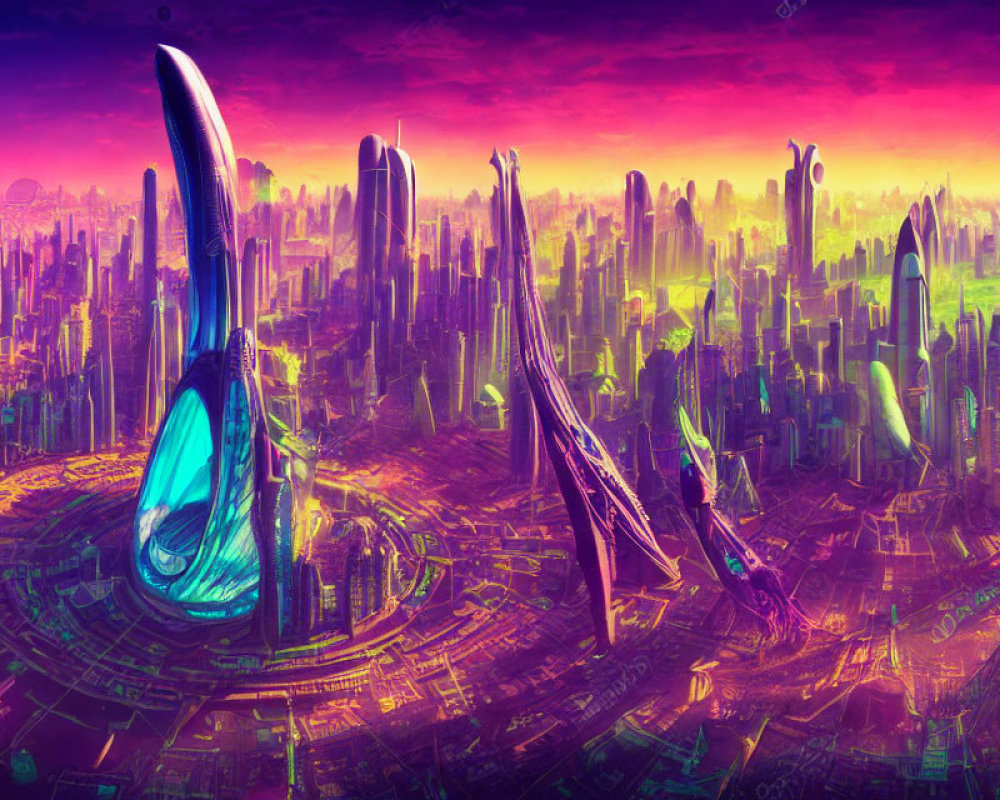 Futuristic cityscape with organic skyscrapers under purple sky