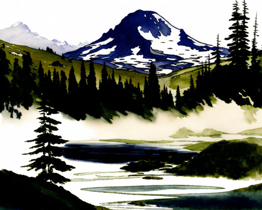 Mountain landscape watercolor painting with snow, pine trees, and river in misty scenery