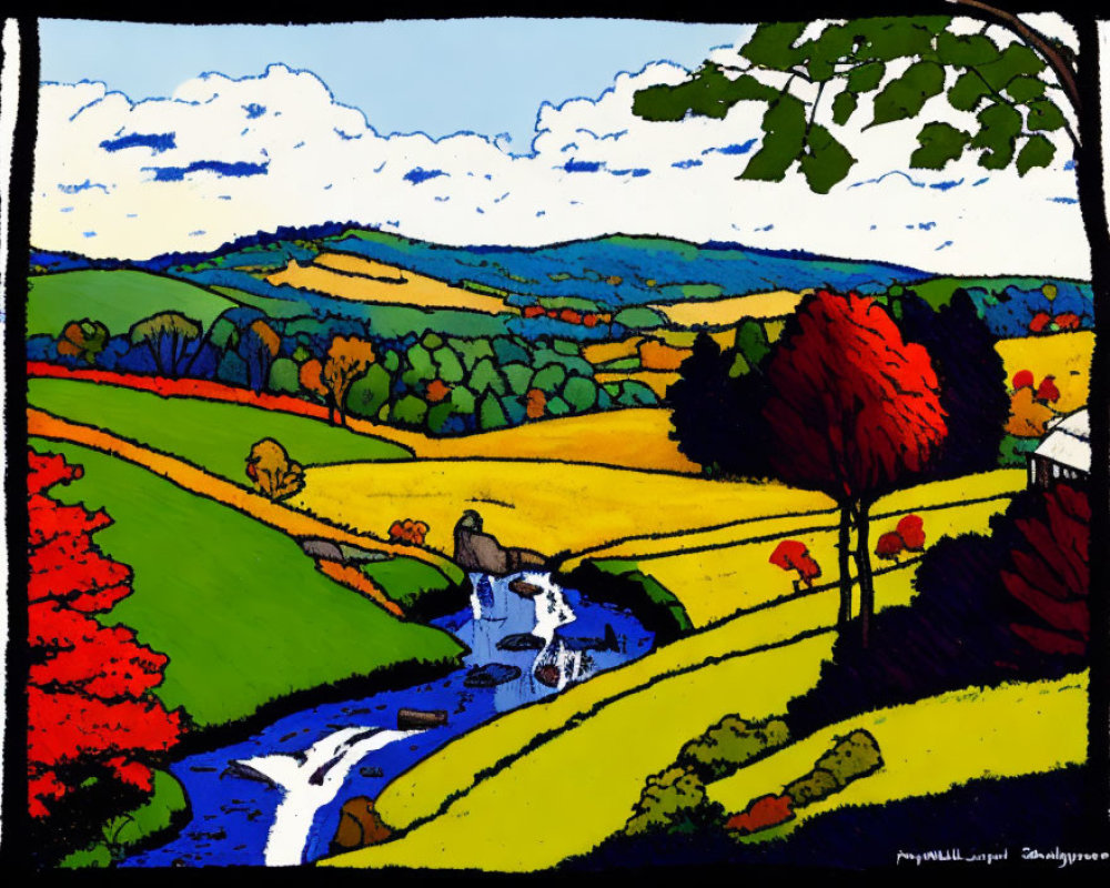 Vibrant landscape painting with rolling hills, autumn trees, river, and white house