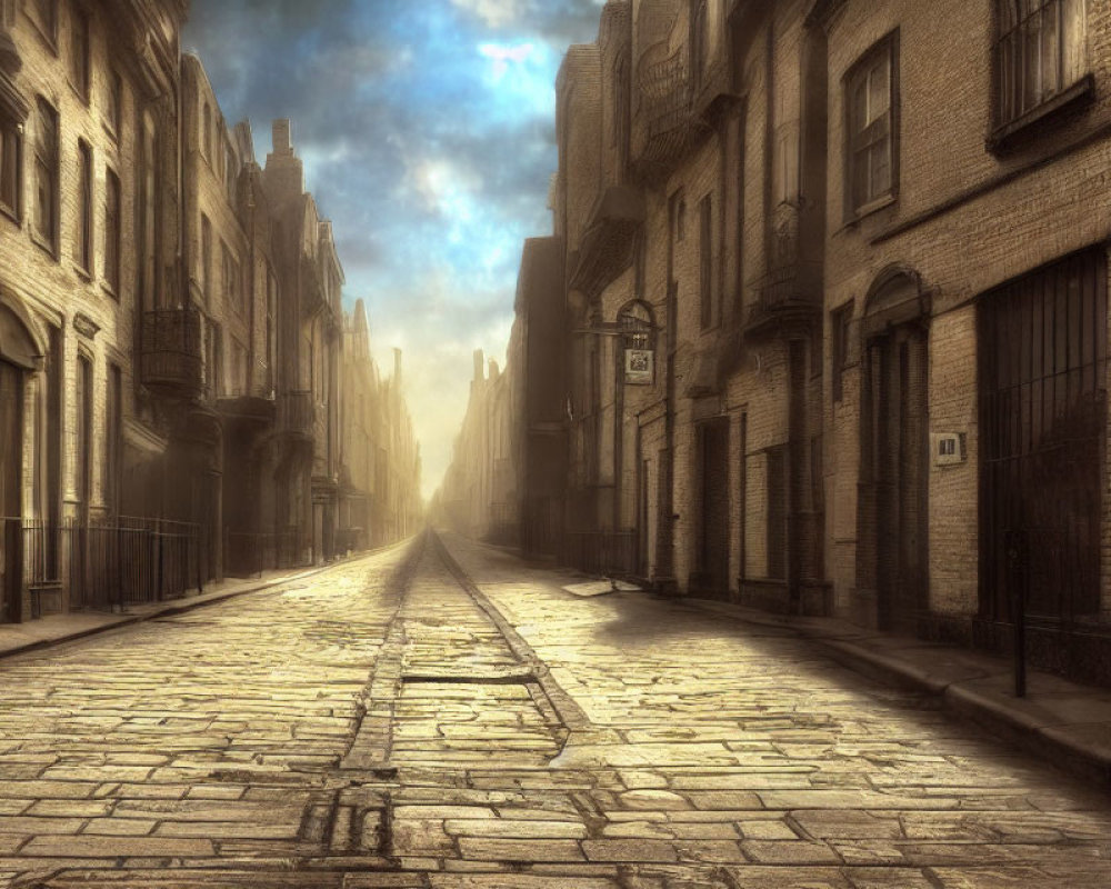 Deserted cobblestone street with old buildings and tram tracks at dawn