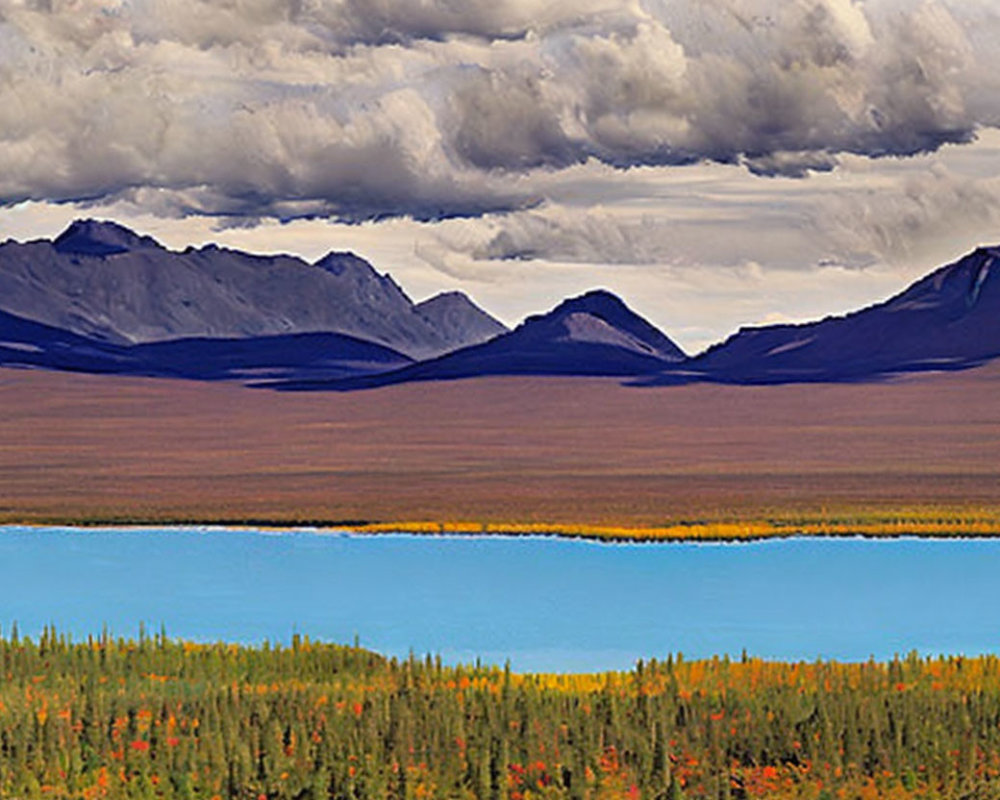 Colorful Autumn Forest with Turquoise Lake and Dark Mountains