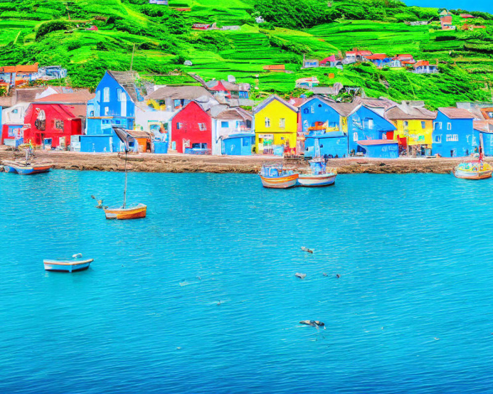 Vibrant waterfront houses, boats on calm bay, green hill, partly cloudy sky