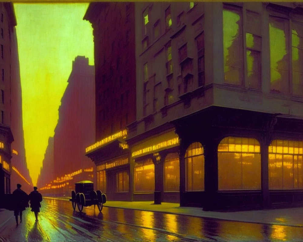 Early 20th-Century City Street Painting with Vintage Cars and Striking Sunset Sky