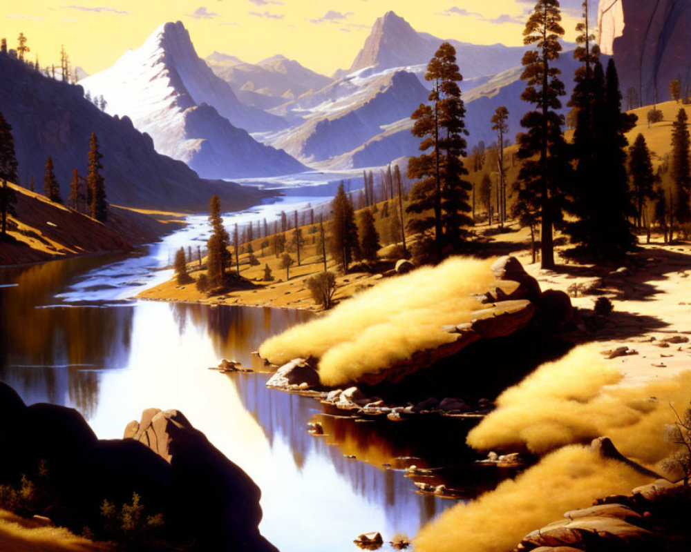 Tranquil river valley with pine trees and mountains