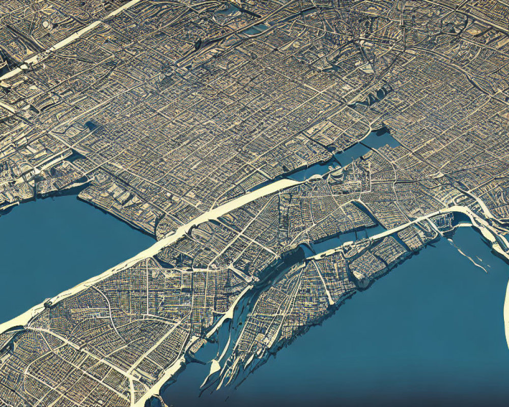 Dense Urban Area with Grid Streets and River Bridges