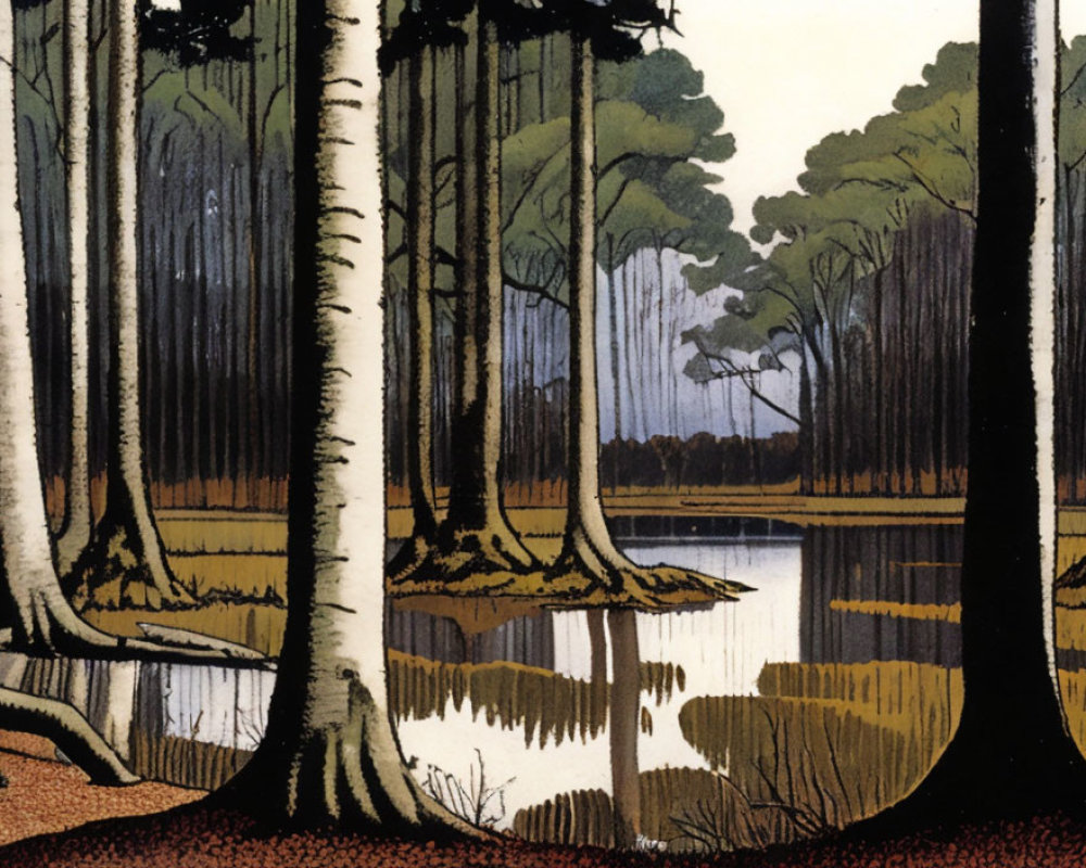 Detailed forest illustration with tall trees, exposed roots, and calm water in limited color palette.