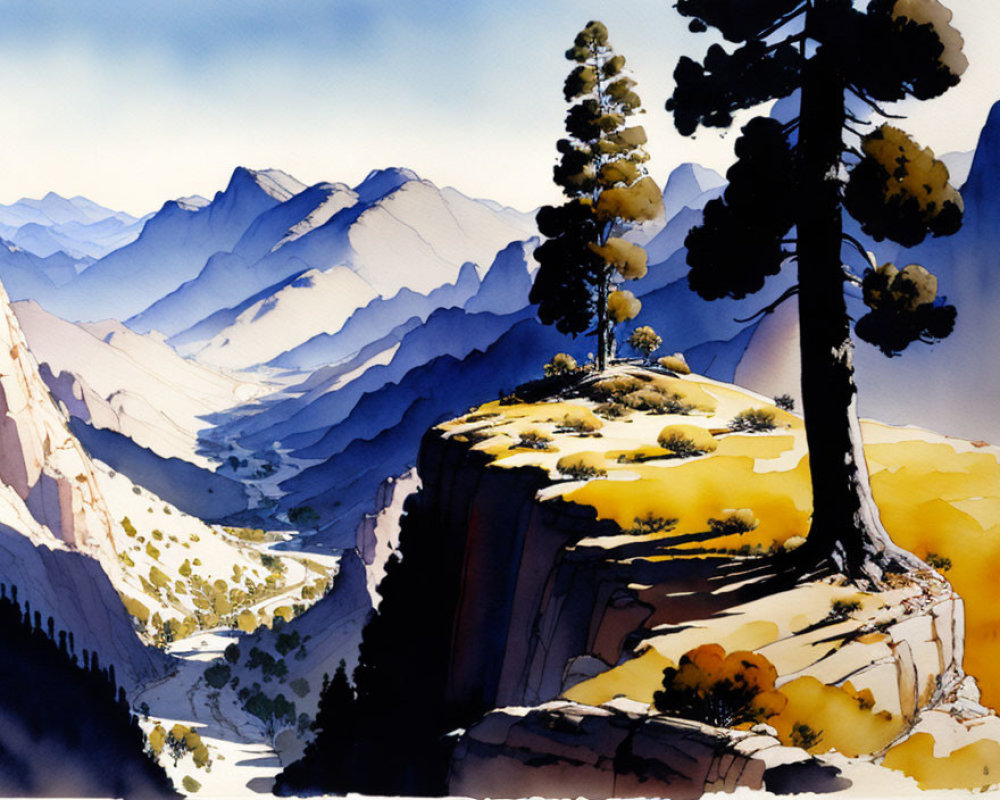 Mountainous Landscape Watercolor Painting with Cliffs, Pine Trees, and River